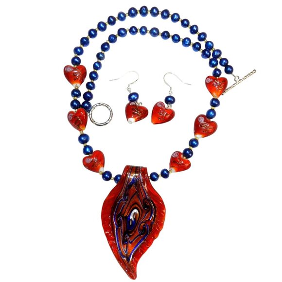 Handmade Red Lampworked Glass Blue Pearl Silver Beaded Necklace Earring GN270 - Picture 2 of 4